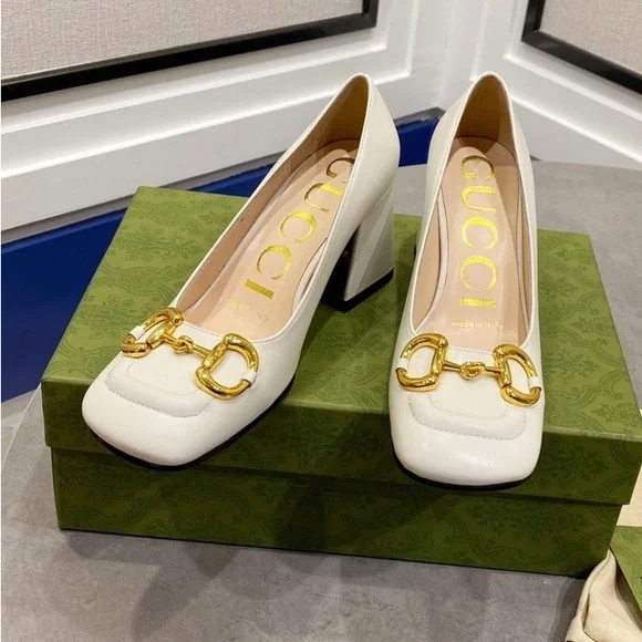 Gucci Women's White Slingback Heels with Gold Accents - Picture 2 of 5